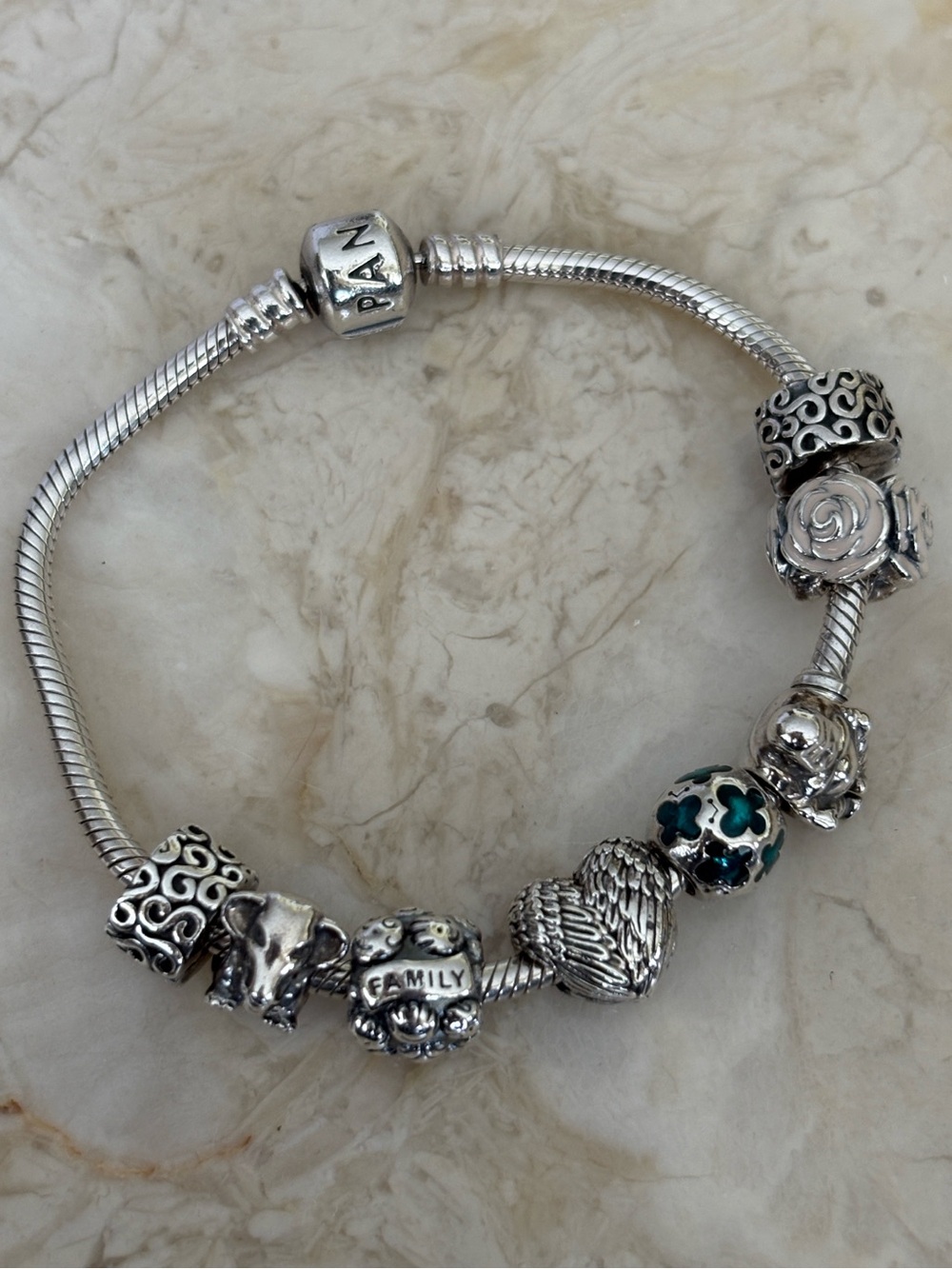 Pandora ALE 925 Sterling Silver Charm Bracelet w/ 6 Charms + 2 Clips